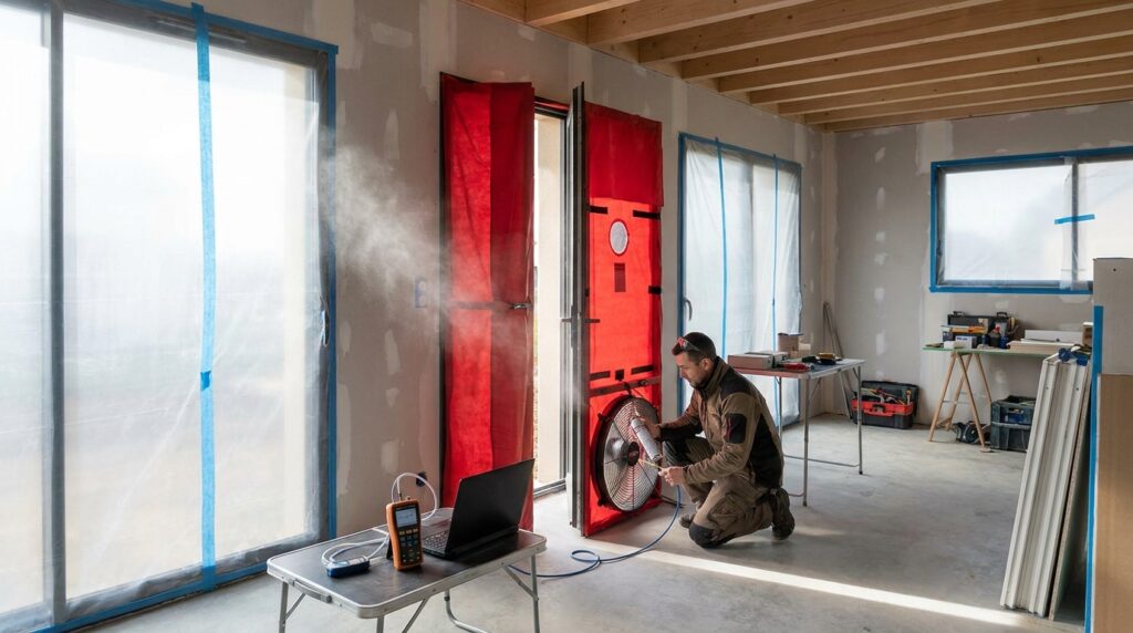 Technicien réalisant un colmatage aérosolisé des microfuites d’air dans une maison neuve avec une porte soufflante