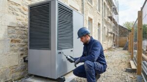Technicien contrôlant une pompe à chaleur extérieure au R290 avec un détecteur de gaz sur un chantier résidentiel