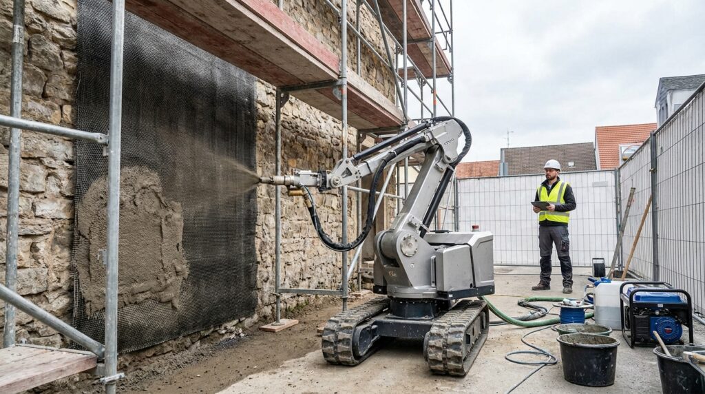 Robot mobile projetant un mortier de renforcement sur une trame textile fixée à un mur ancien en pierre