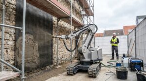 Robot mobile projetant un mortier de renforcement sur une trame textile fixée à un mur ancien en pierre