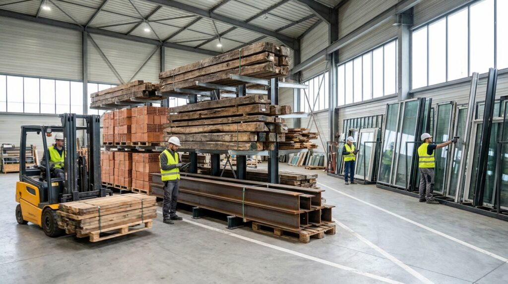 Hub de réemploi du bâtiment avec bois, briques, profilés acier et menuiseries triés en entrepôt
