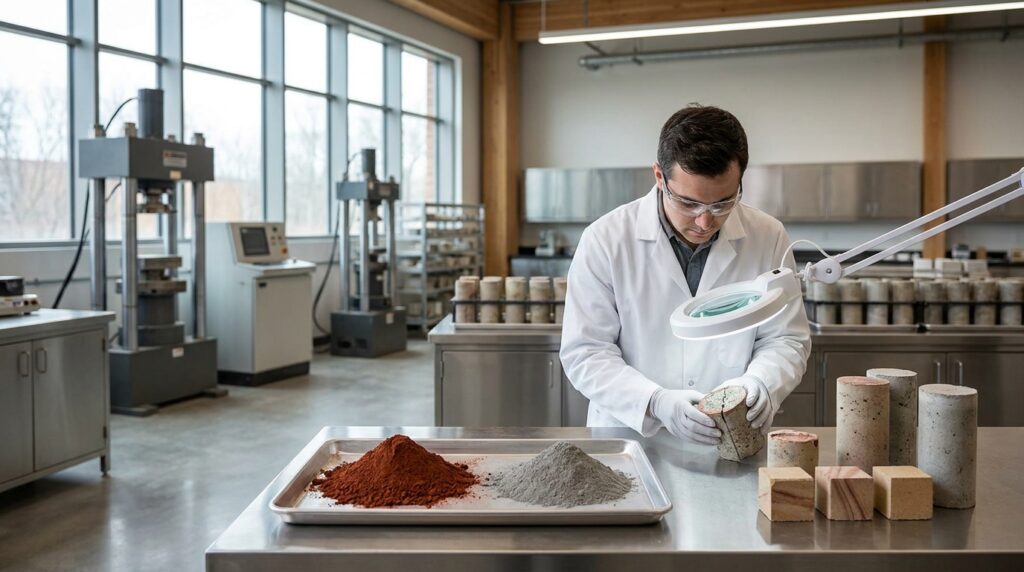 Granulats rouges issus de la bauxite et éprouvettes de béton bas carbone dans un laboratoire matériaux
