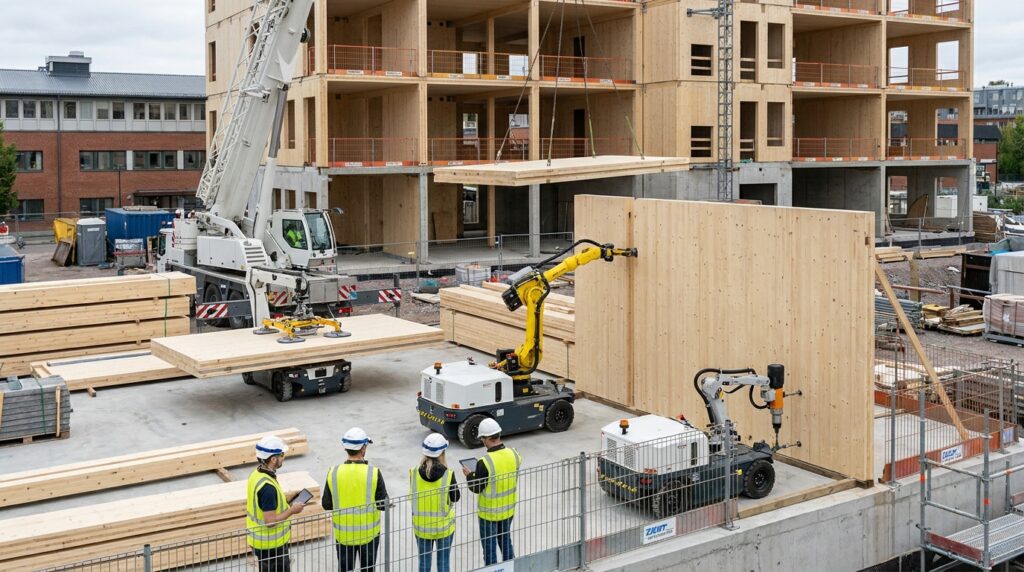 Essaim de robots mobiles assemblant une structure bois modulaire sur chantier