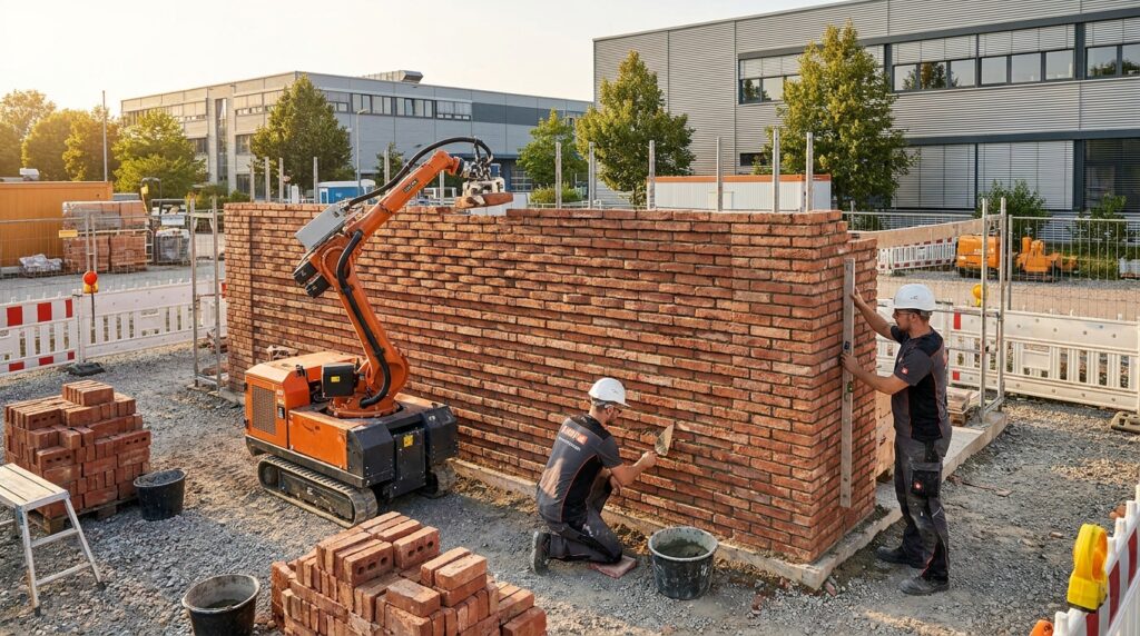 Robot mobile et maçons réalisant une façade en briques au calepinage climatique