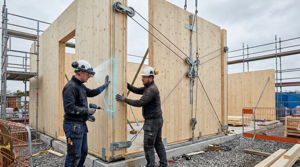 Charpentiers guidés en réalité mixte pendant l’assemblage de panneaux CLT