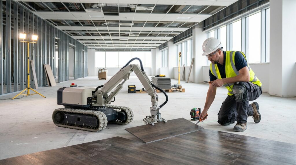 Robot de pose de revêtements de sol travaillant avec un solier sur un chantier tertiaire