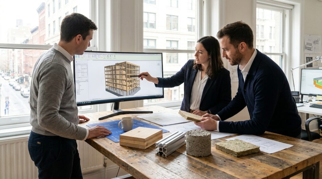 Équipe de conception étudiant un modèle BIM et des échantillons de matériaux bas carbone et circulaires