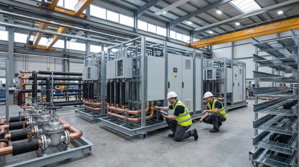Techniciens contrôlant des modules électriques et hydrauliques préfabriqués pour un data center