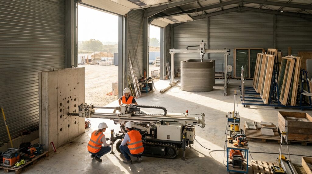 Équipe testant un robot de perçage sur un mur en béton dans une plateforme d’expérimentation BTP à l’échelle 1