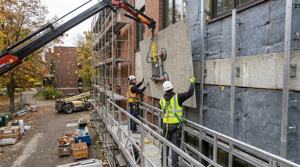 Pose assistée par robot de panneaux de bardage en béton imprimé 3D sur la façade d'un bâtiment en rénovation