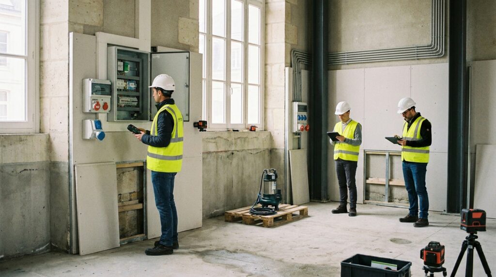 Professionnels inspectant les équipements surélevés d’un bâtiment adapté au risque d’inondation