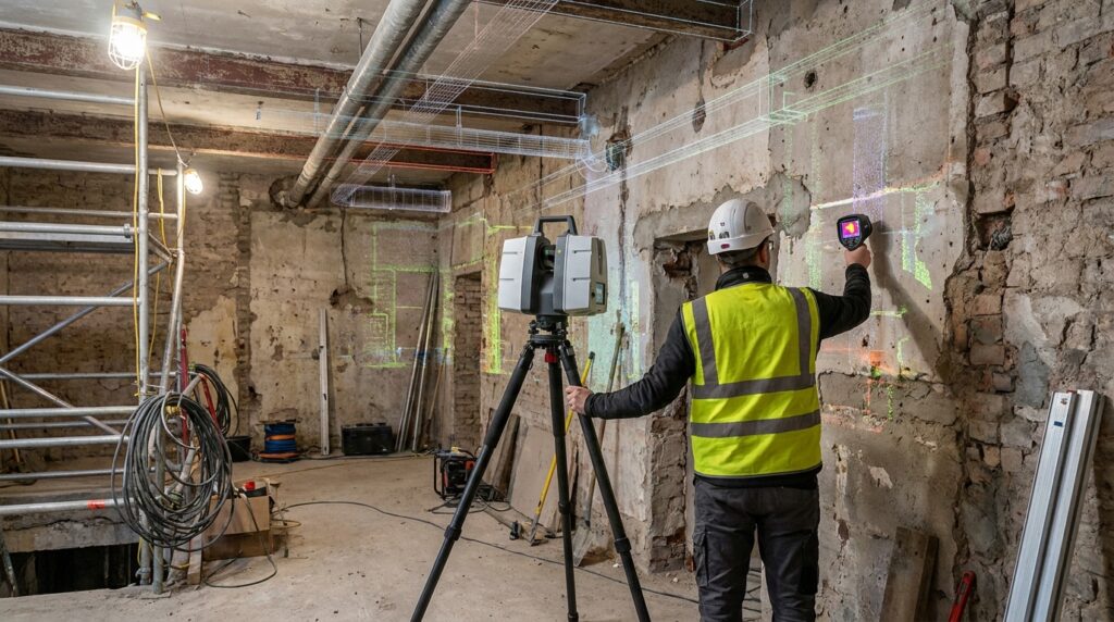 Technicien réalisant un relevé numérique multimodal d’un bâtiment existant avant rénovation