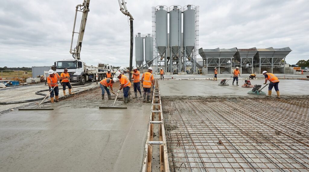 Coulage comparatif de béton conventionnel et de béton au graphène sur une dalle industrielle