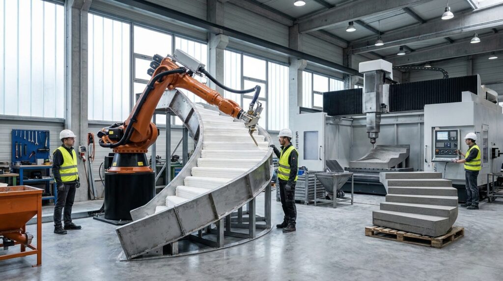 Robot imprimant un coffrage complexe en mousse de cire dans un atelier de préfabrication béton