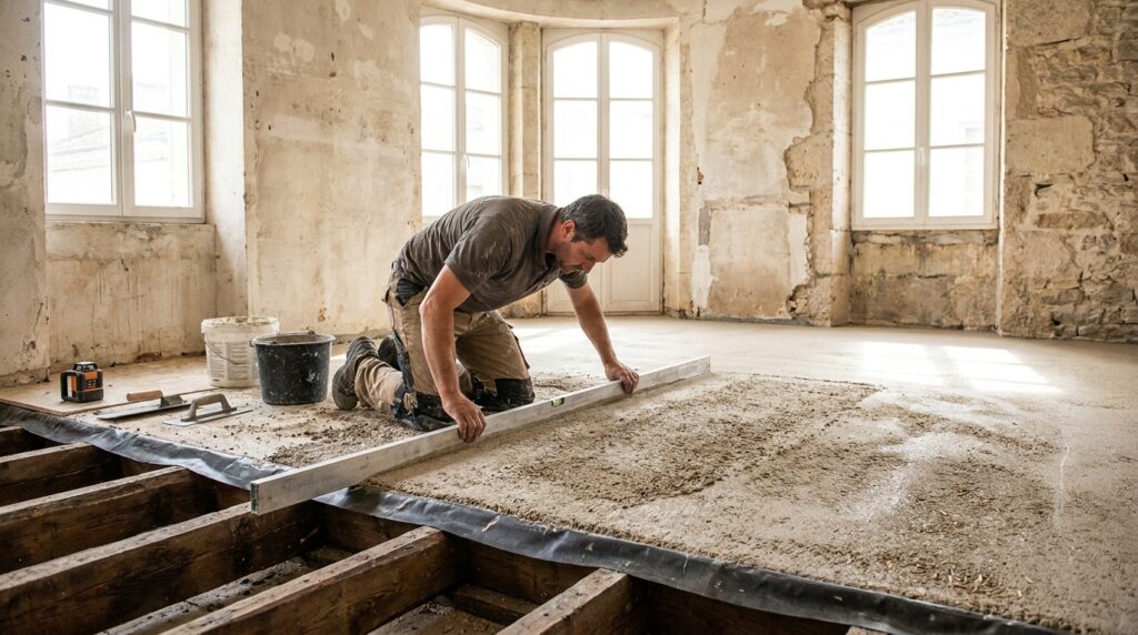 Artisan tirant une chape légère aux granulats de bois sur le plancher ancien d’un bâtiment en rénovation