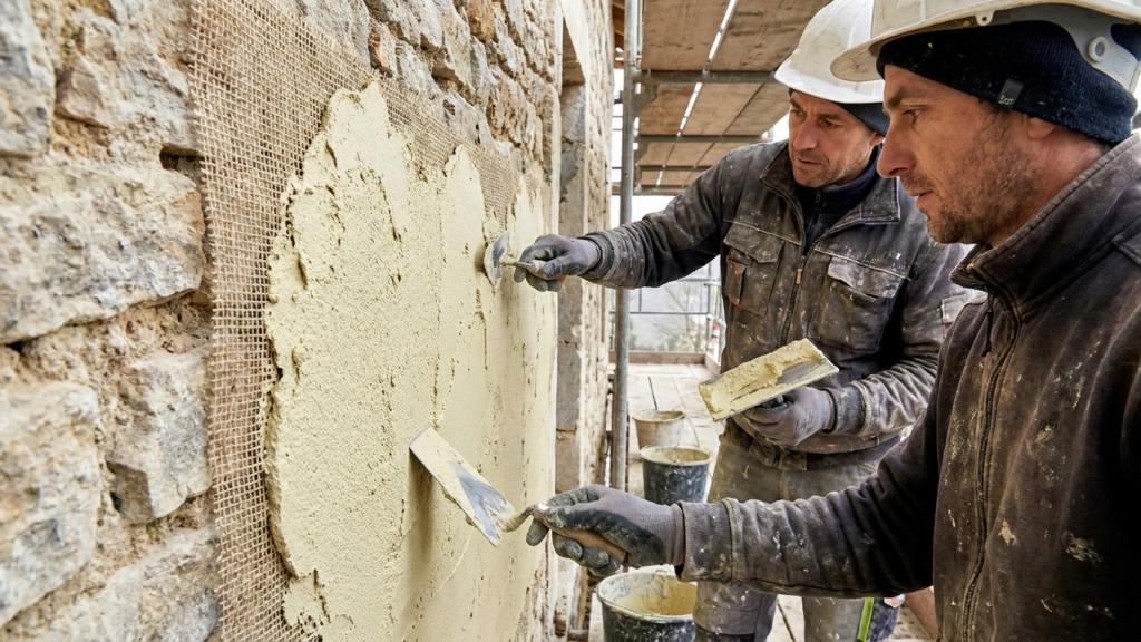 Application d’un mortier isolant renforcé par une trame en fibres naturelles sur un mur ancien en maçonnerie