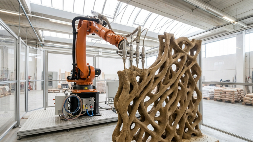 Bras robotisé fabriquant un élément de façade minéral poreux à partir de sable biocimenté