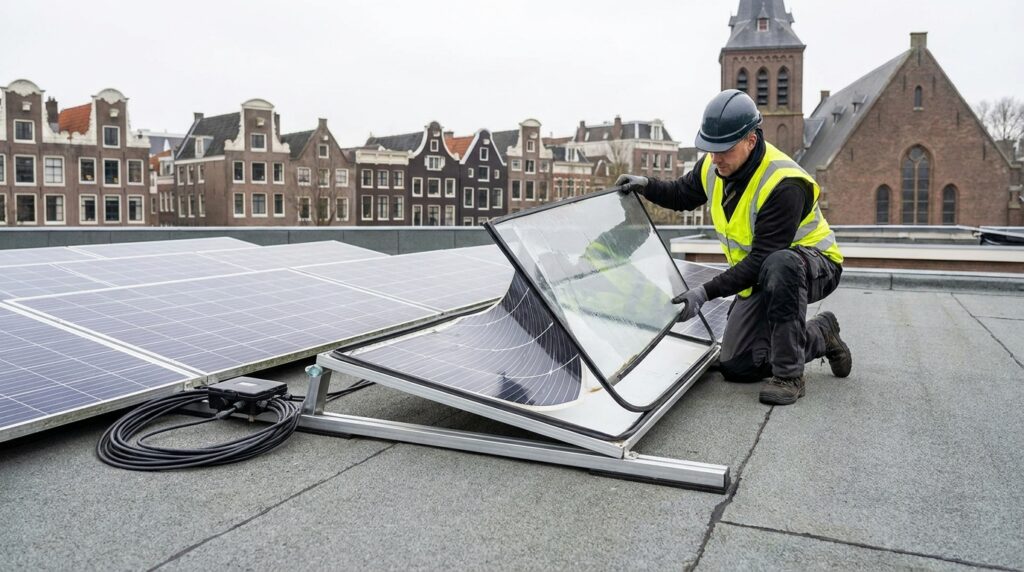 Technicien démontant un panneau solaire réparable sur une toiture-terrasse