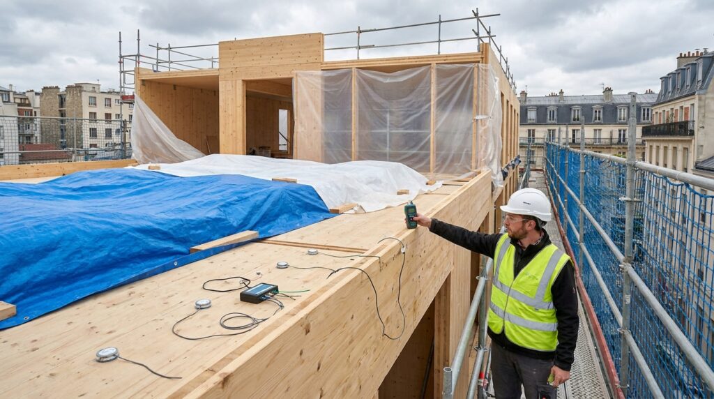 Contrôle d’humidité sur un chantier de construction en bois massif