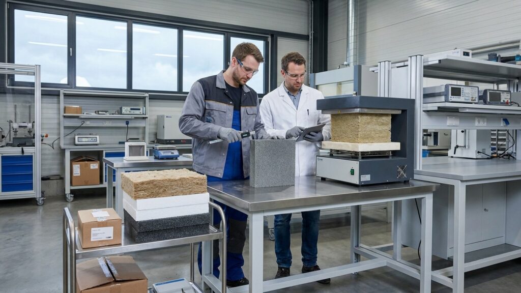 Techniciens testant la résistance thermique de plusieurs isolants en laboratoire