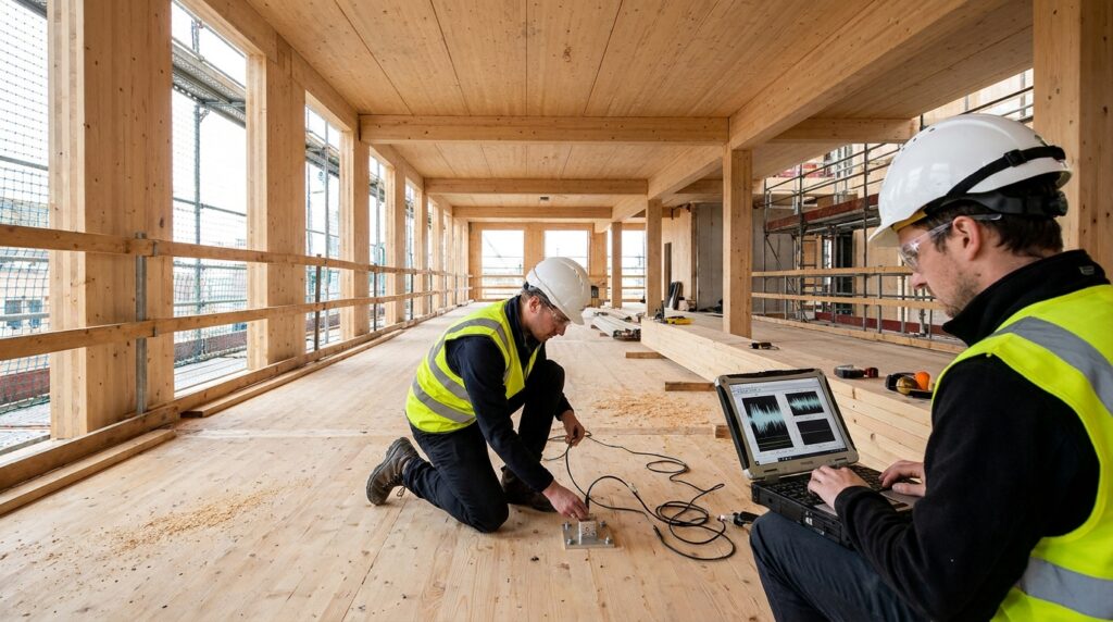 Techniciens mesurant les vibrations d’un plancher CLT dans une tour en construction