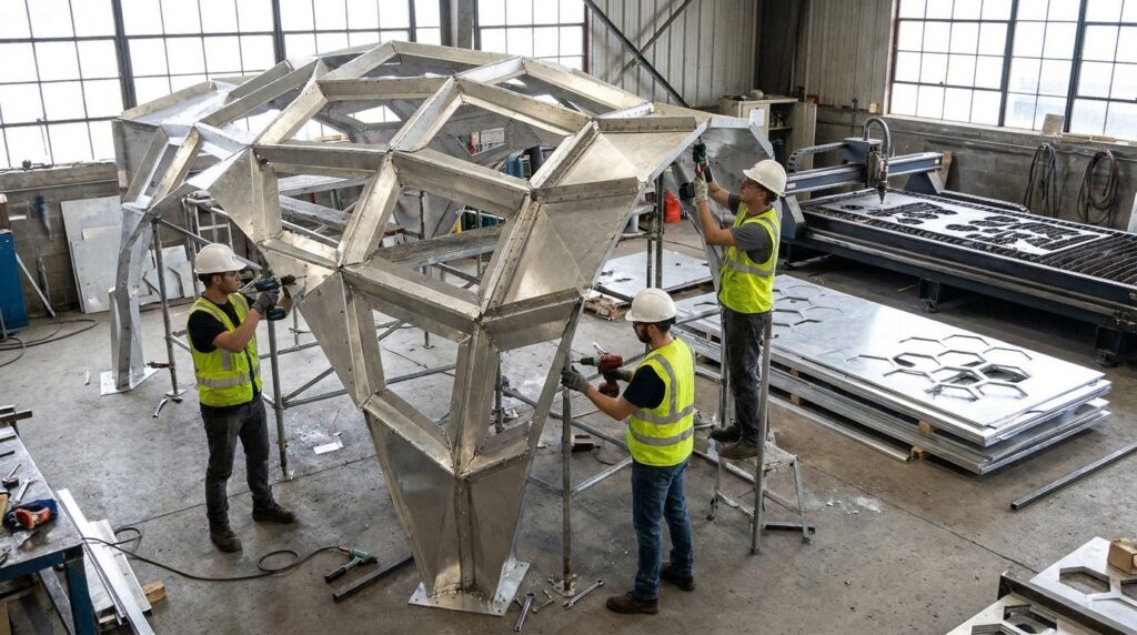Coque architecturale modulaire en aluminium plié assemblée dans un atelier de construction