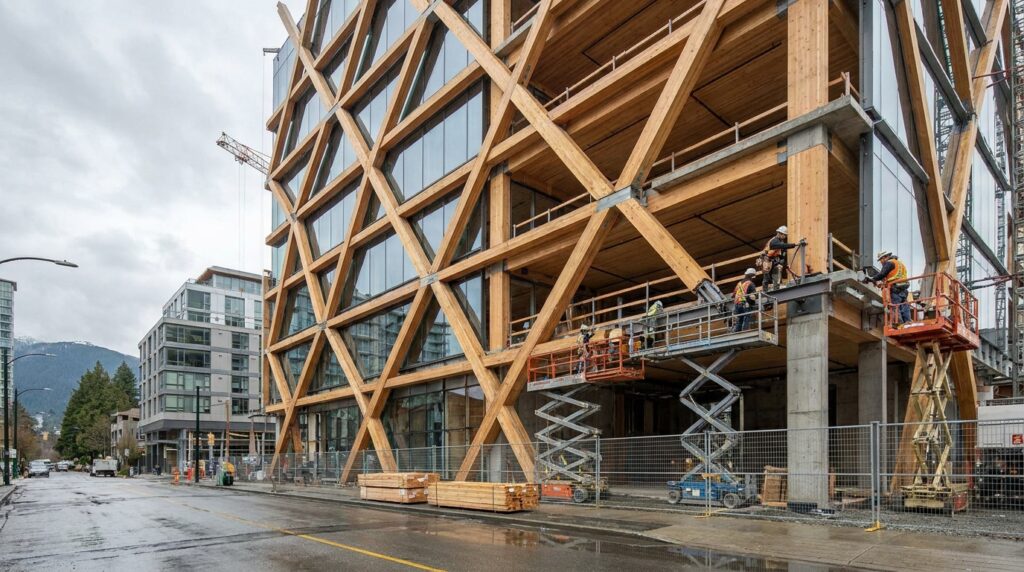 Immeuble contemporain en bois massif avec contreventement extérieur en nid d’abeille