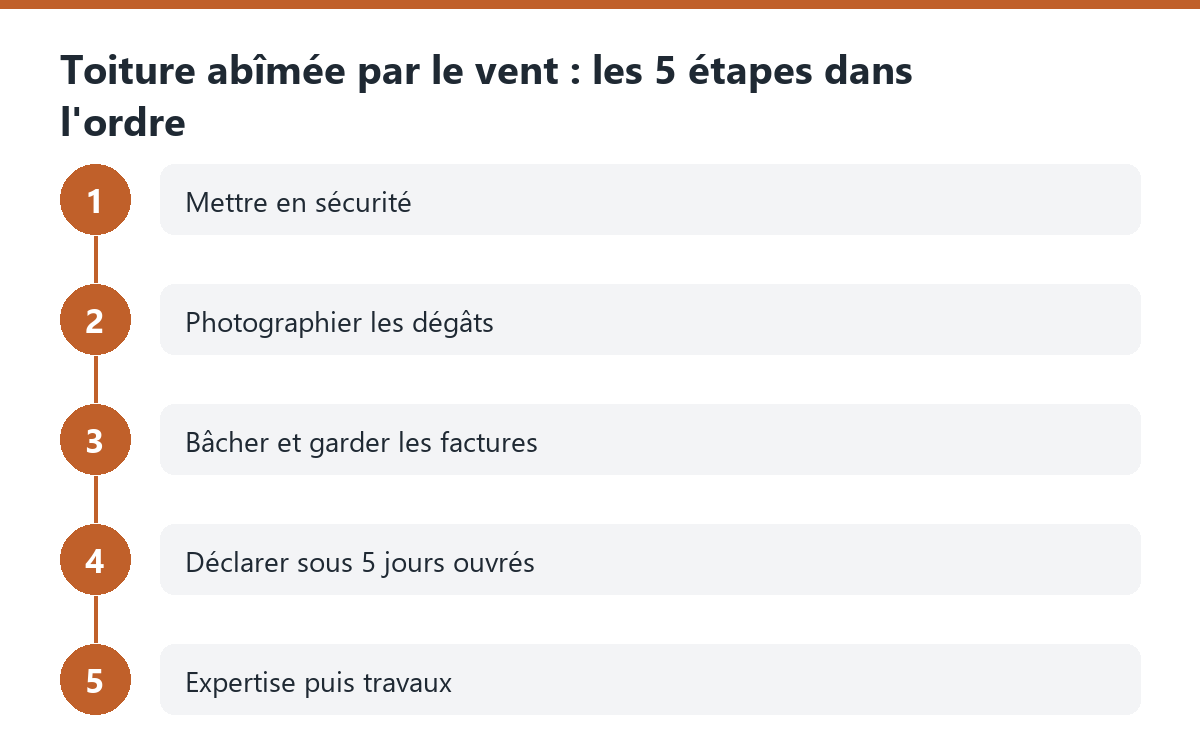Schéma des 5 étapes après une tempête : sécuriser, photographier, bâcher, déclarer sous 5 jours ouvrés, expertise puis travaux